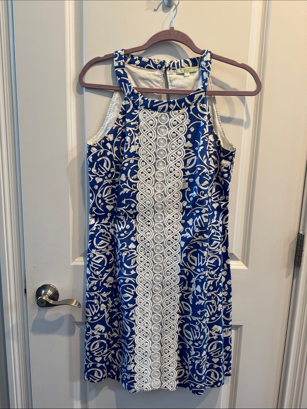 Jade by Melody Tam a-Blue & White Sleeveless Mini Dress with Crochet Front Panel